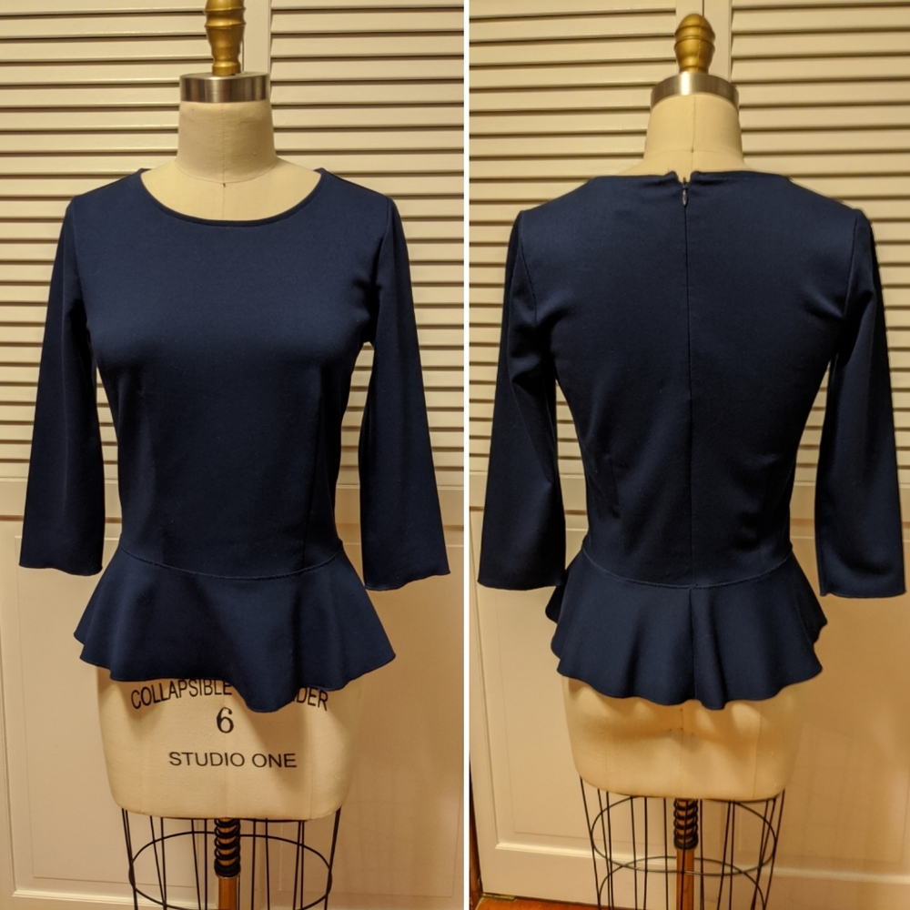 Ann Taylor Ponte Knit Navy Peplum 3/4 Sleeve Top S